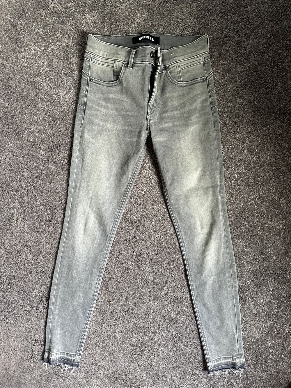 Express Gray Washed Skinny Jeans with Raw Hem
